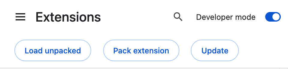 Chrome's extensions page with Developer mode switched on and the Load unpacked button at the top left
