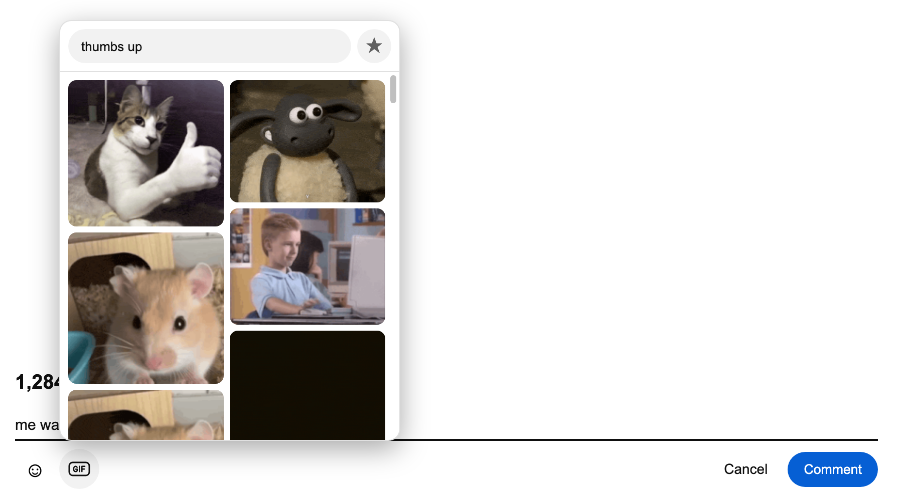 The extension's GIF picker open above a comment box, showing results for the search thumbs up
